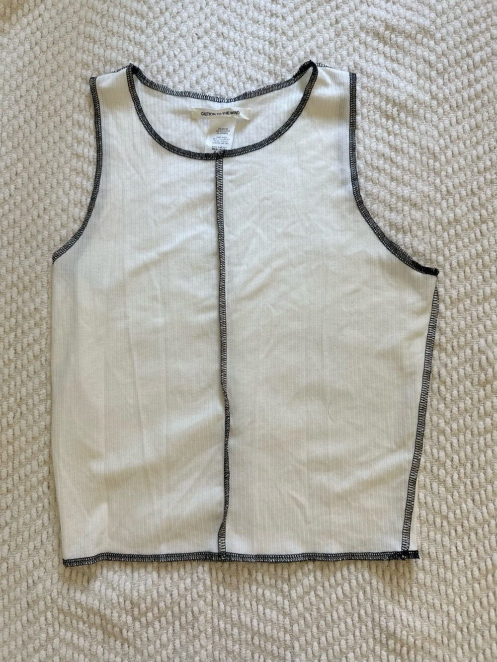 Caution To The Wind White Ribbed Tank with Black Contrast Stitching